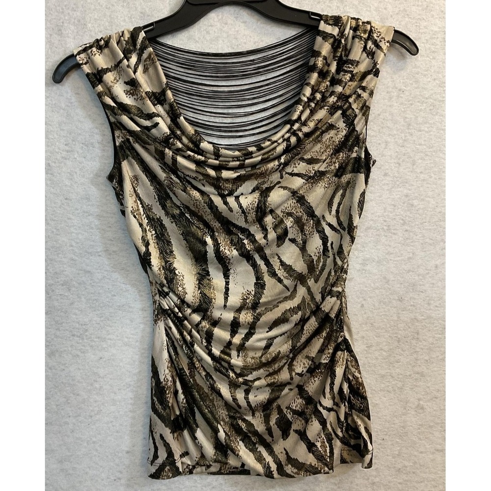 BCX Tank Top Juniors‎ XS Beige Cowl Neck Sleeveless Zebra Print Lined Stretch